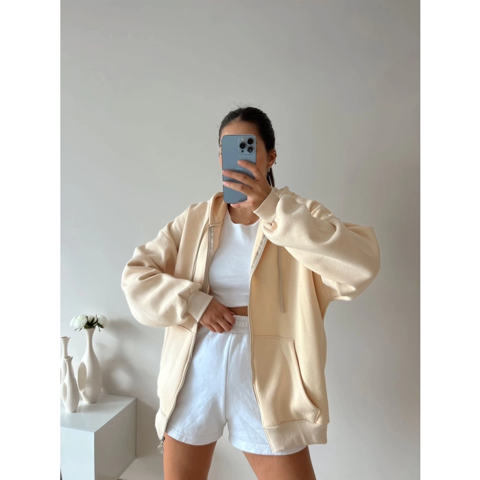 Oversize Basic Unisex Hırka-BEJ