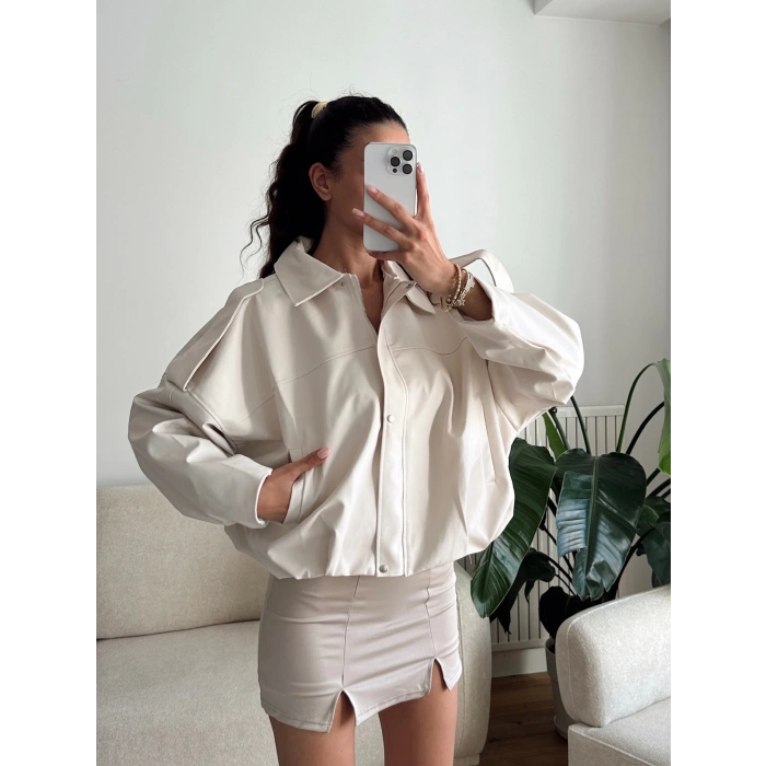 Oversize Bel Lastik Deri Ceket - BEJ
