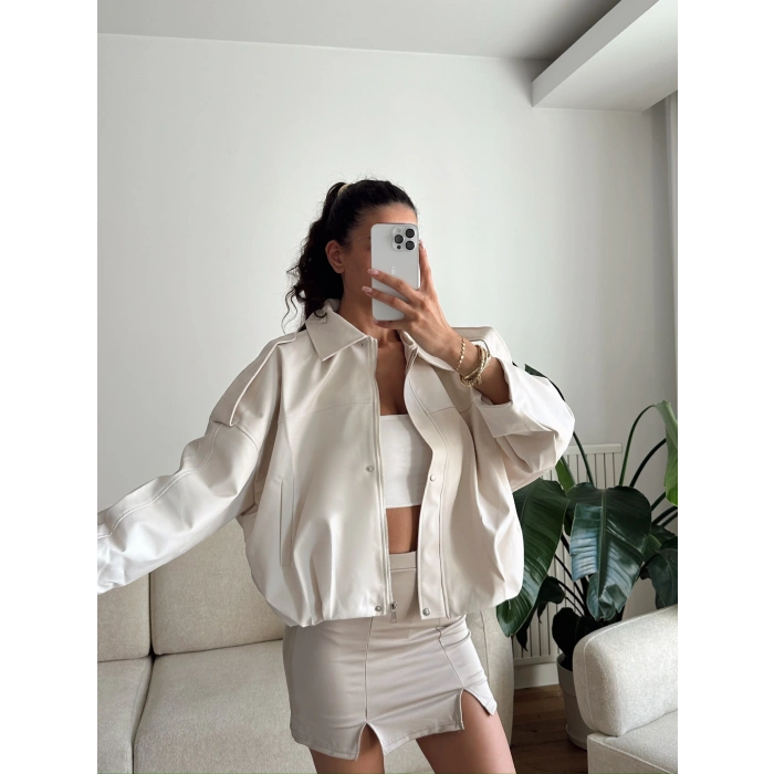 Oversize Bel Lastik Deri Ceket - BEJ