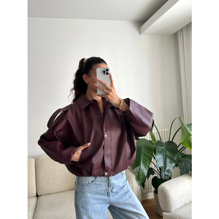 Oversize Bel Lastik Deri Ceket - BORDO