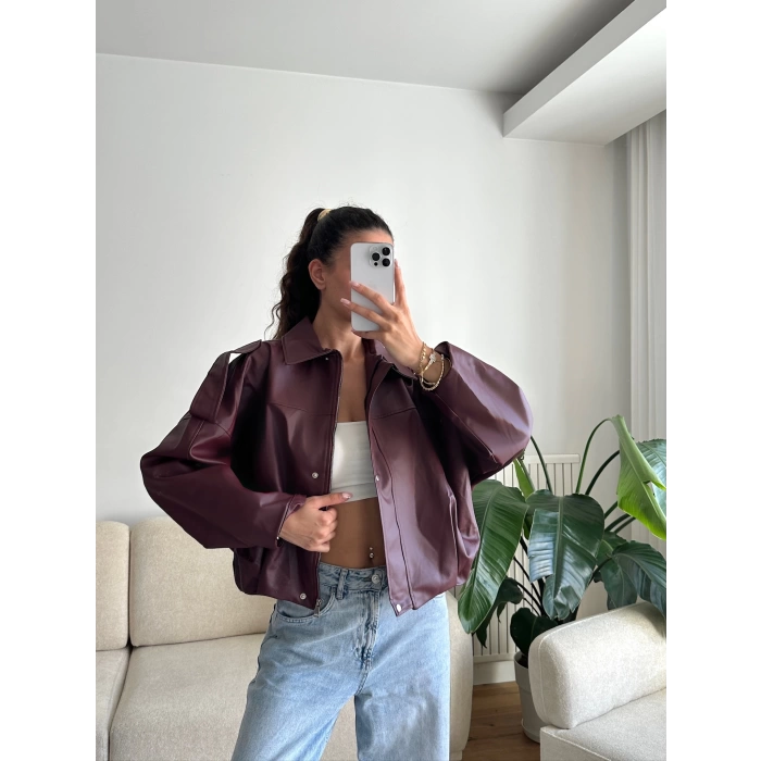 Oversize Bel Lastik Deri Ceket - BORDO