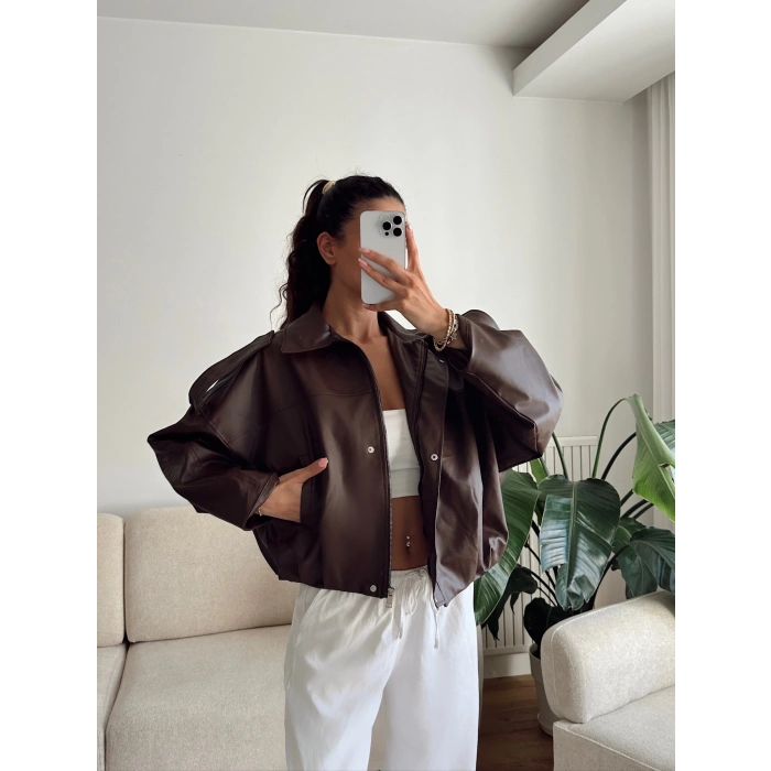 Oversize Bel Lastik Deri Ceket - KAHVE