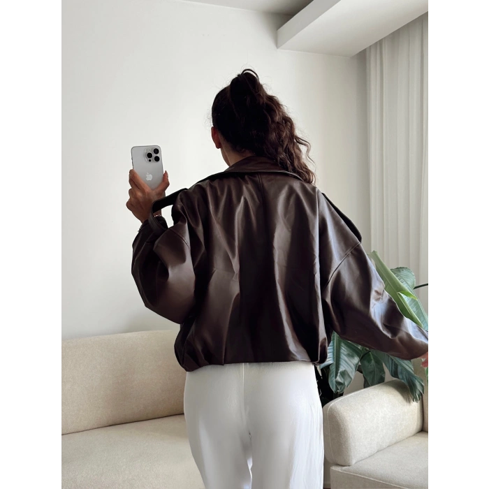 Oversize Bel Lastik Deri Ceket - KAHVE