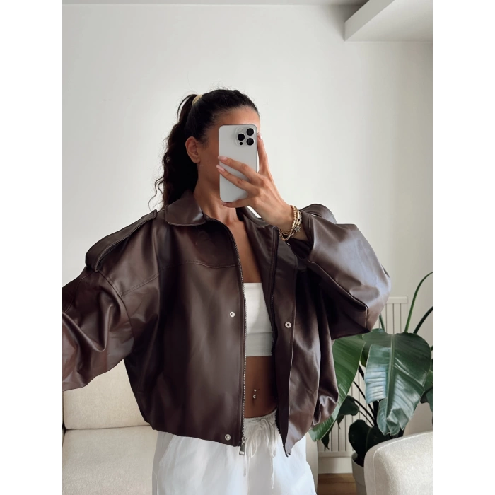 Oversize Bel Lastik Deri Ceket - KAHVE