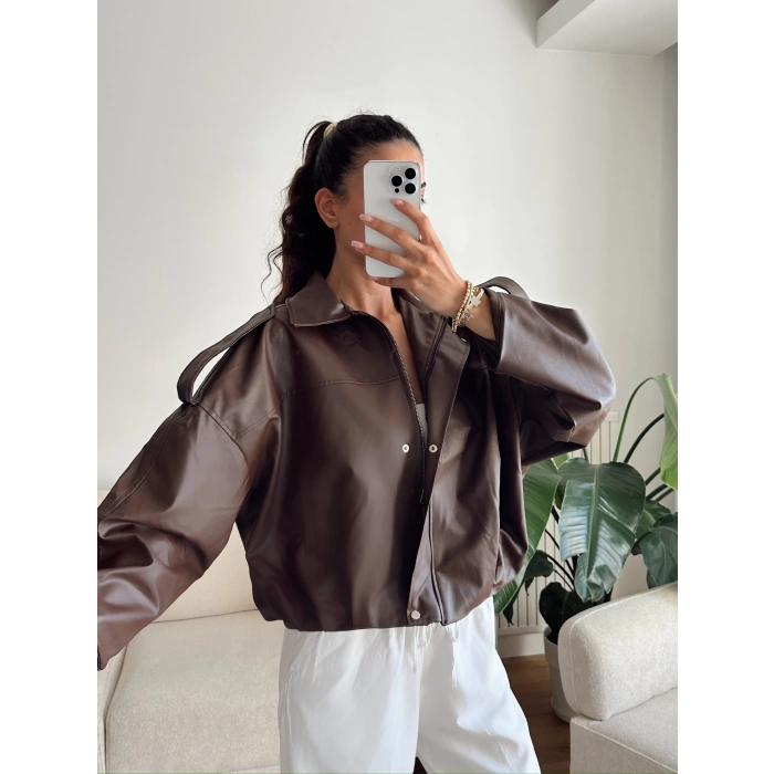 Oversize Bel Lastik Deri Ceket - KAHVE