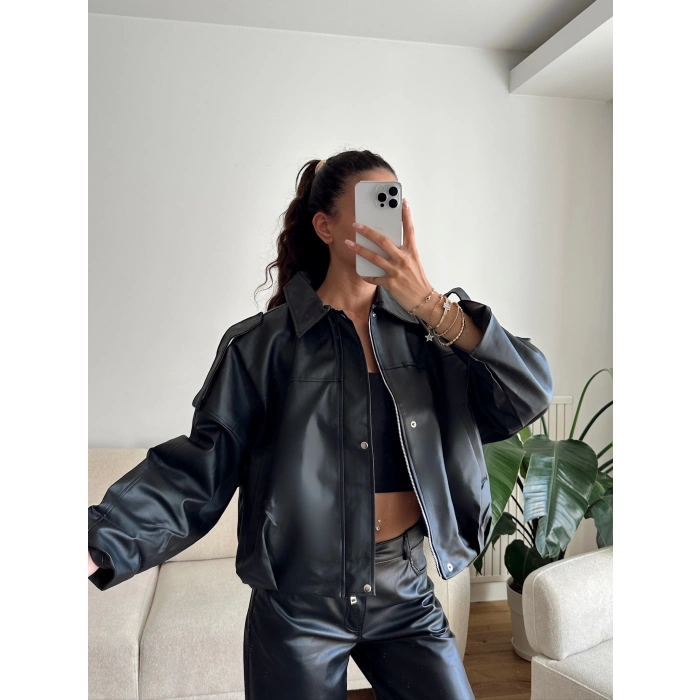 Oversize Bel Lastik Deri Ceket - SİYAH