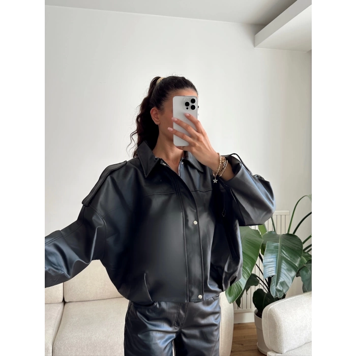 Oversize Bel Lastik Deri Ceket - SİYAH