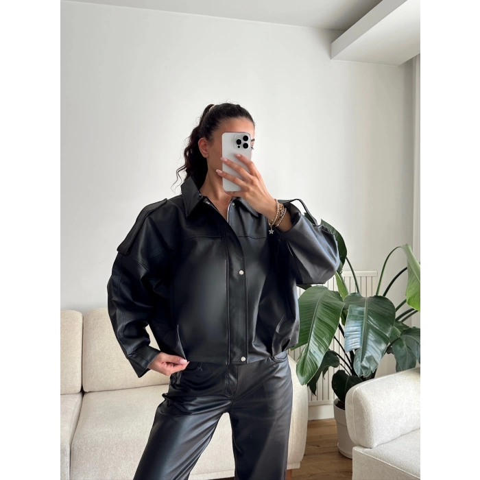 Oversize Bel Lastik Deri Ceket - SİYAH