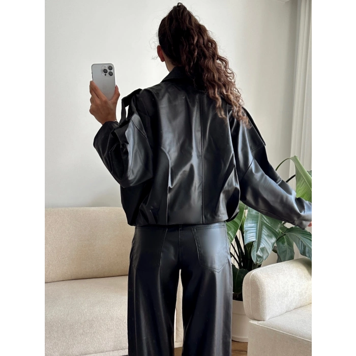 Oversize Bel Lastik Deri Ceket - SİYAH