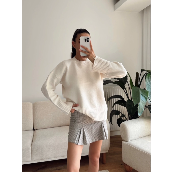Oversize Bisiklet Yaka Kazak - BEJ
