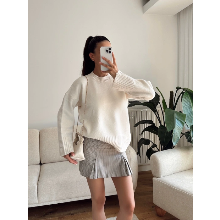Oversize Bisiklet Yaka Kazak - BEJ
