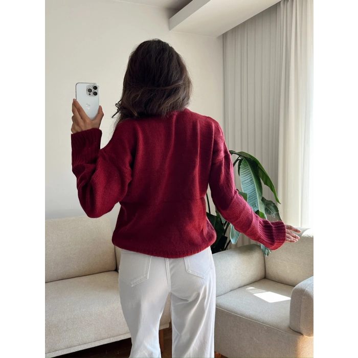 Oversize Bisiklet Yaka Kazak - BORDO