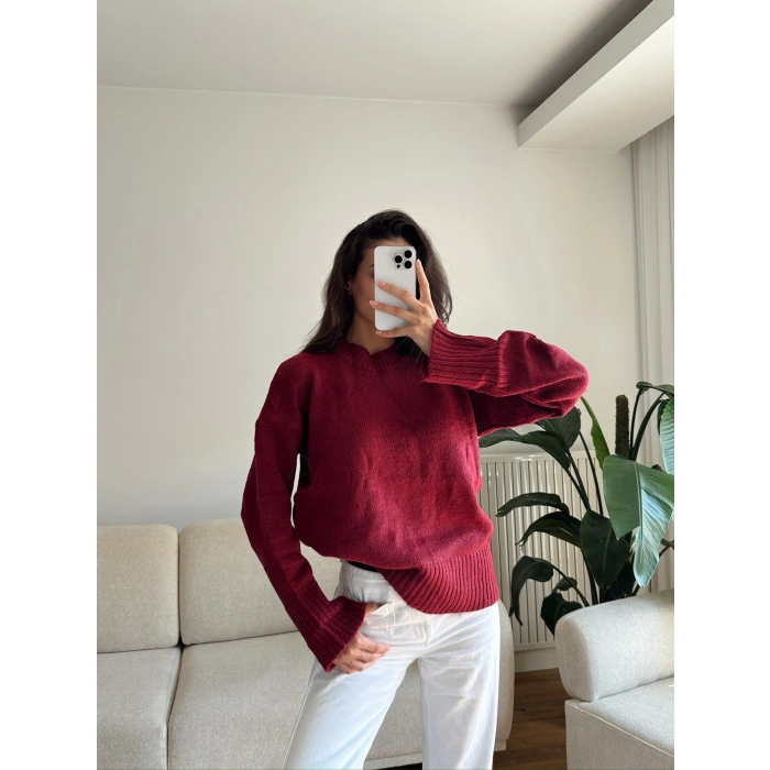 Oversize Bisiklet Yaka Kazak - BORDO