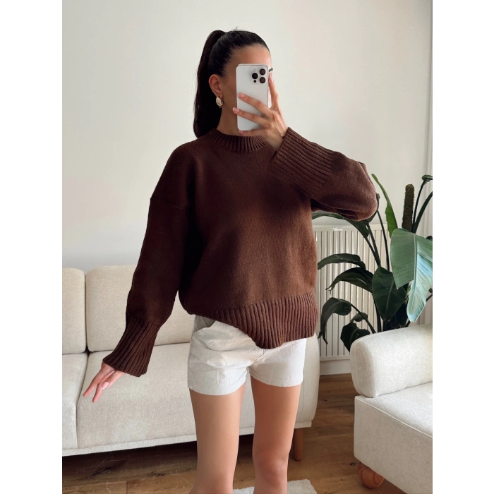 Oversize Bisiklet Yaka Kazak - KAHVE