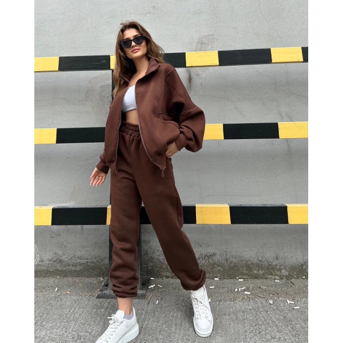 Oversize Cep Detay Unisex Hırkalı Eşofman Takımı-KAHVE