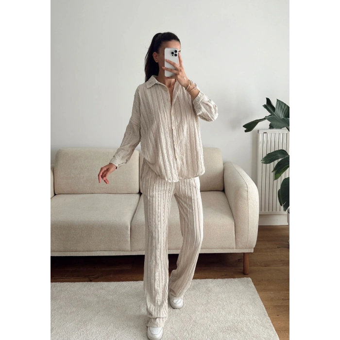 Oversize Gömlek & Pantolon Takım - BEJ