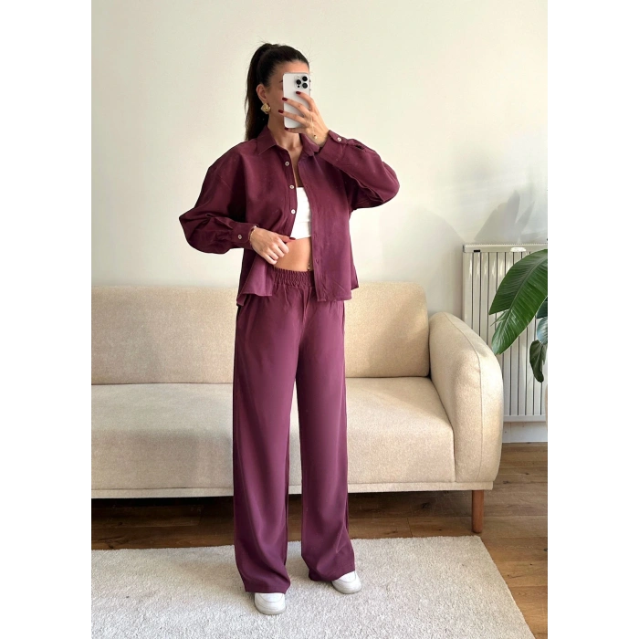 Oversize Gömlek & Pantolon Takım - BORDO