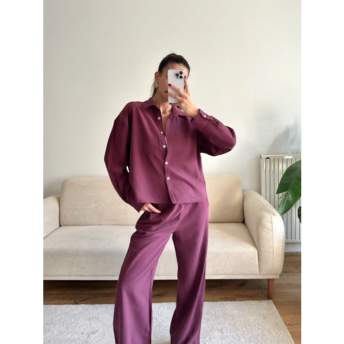 Oversize Gömlek & Pantolon Takım - BORDO