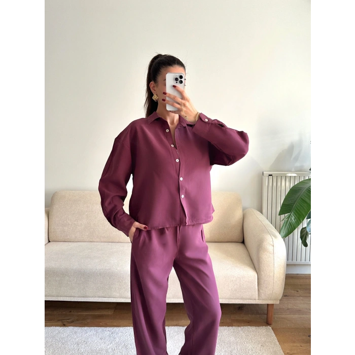 Oversize Gömlek & Pantolon Takım - BORDO