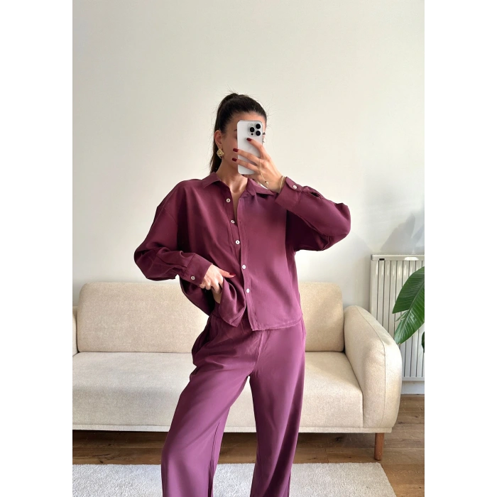 Oversize Gömlek & Pantolon Takım - BORDO