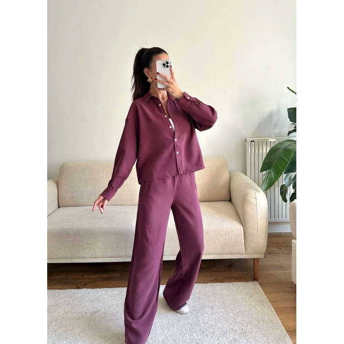 Oversize Gömlek & Pantolon Takım - BORDO