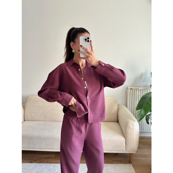 Oversize Gömlek & Pantolon Takım - BORDO