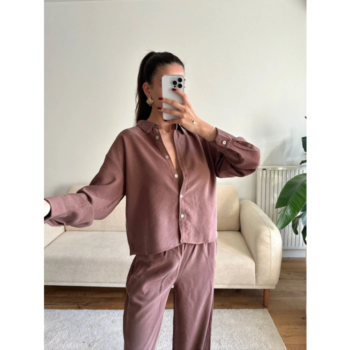 Oversize Gömlek & Pantolon Takım - KAHVE