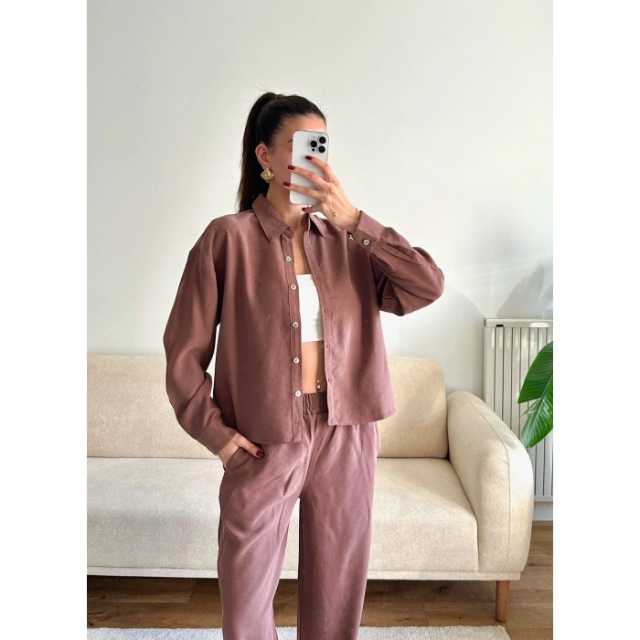 Oversize Gömlek & Pantolon Takım - KAHVE