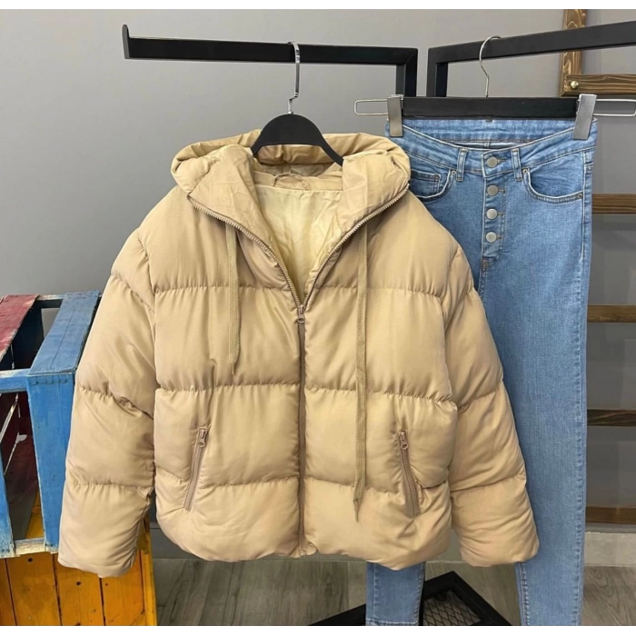 Oversize Kapüşonlu Şişme Mont-BEJ