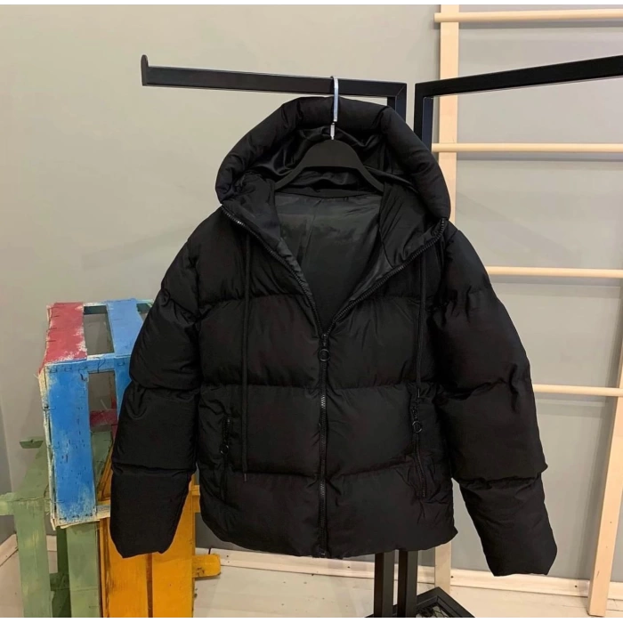 Oversize Kapüşonlu Şişme Mont-SİYAH