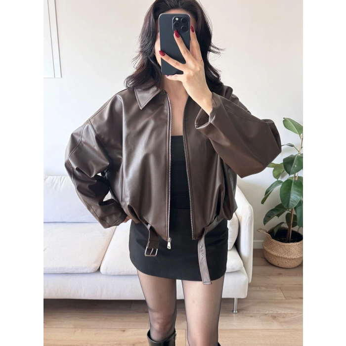 Oversize Kemerli Deri Ceket - KAHVE