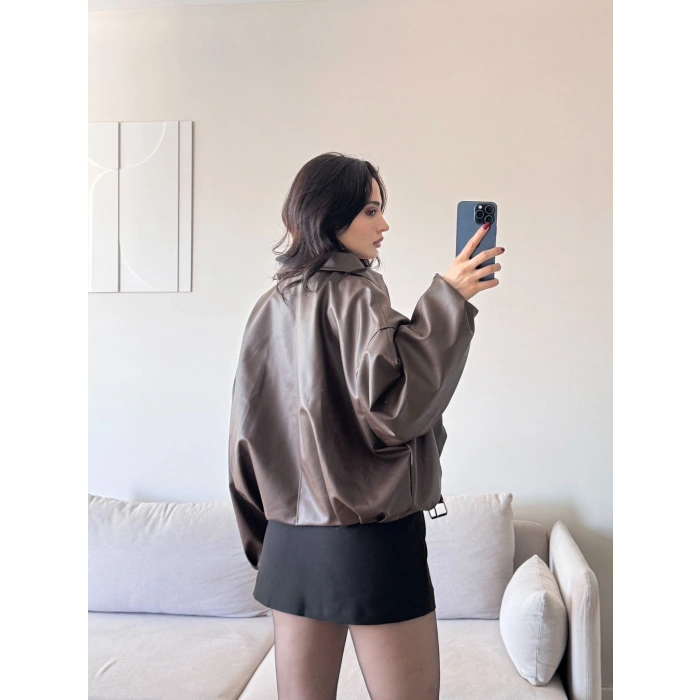 Oversize Kemerli Deri Ceket - KAHVE