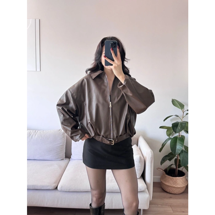 Oversize Kemerli Deri Ceket - KAHVE
