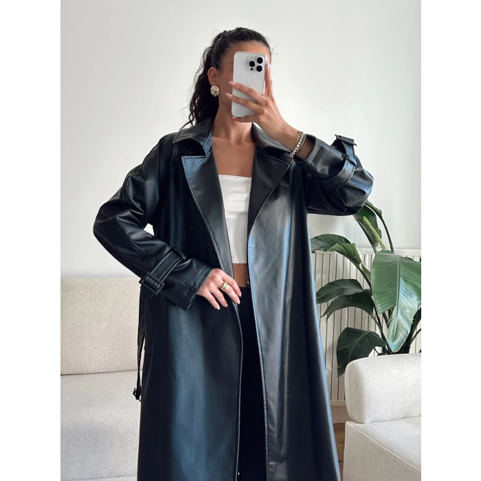 Oversize Kuşaklı Deri Trenç - SİYAH