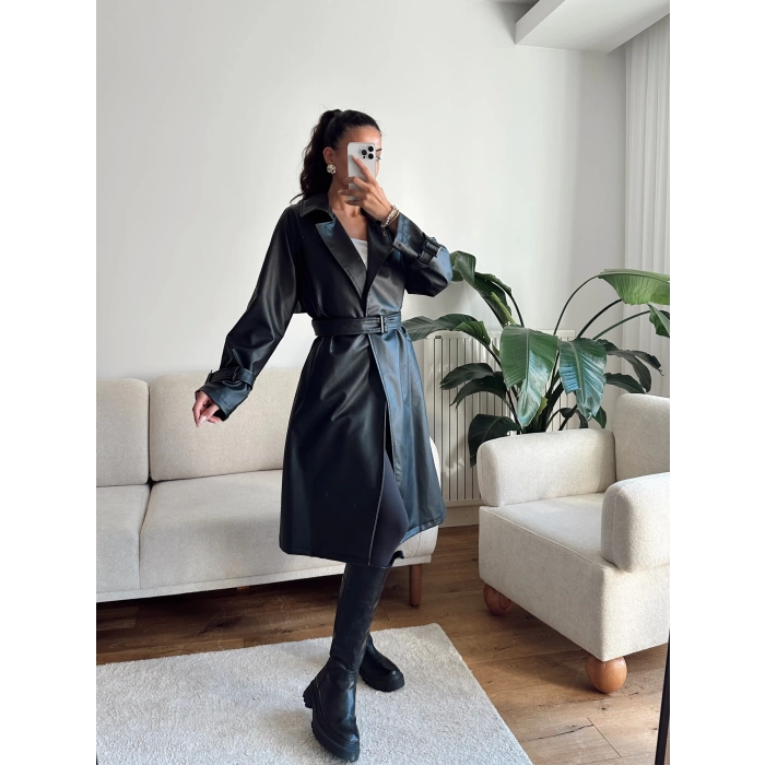 Oversize Kuşaklı Deri Trenç - SİYAH