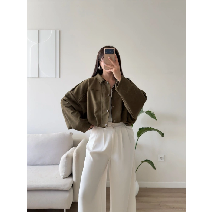 Oversize Süet Balon Ceket - HAKİ