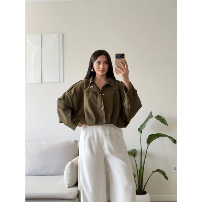 Oversize Süet Balon Ceket - HAKİ