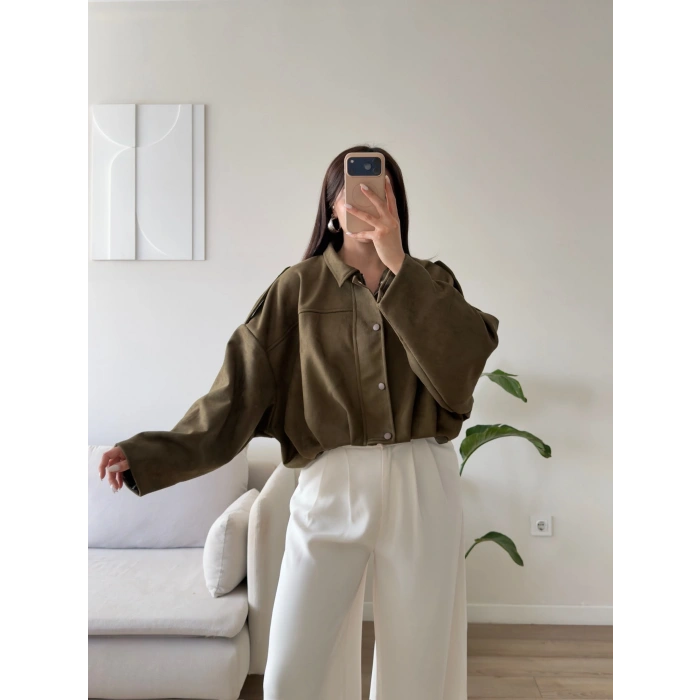 Oversize Süet Balon Ceket - HAKİ