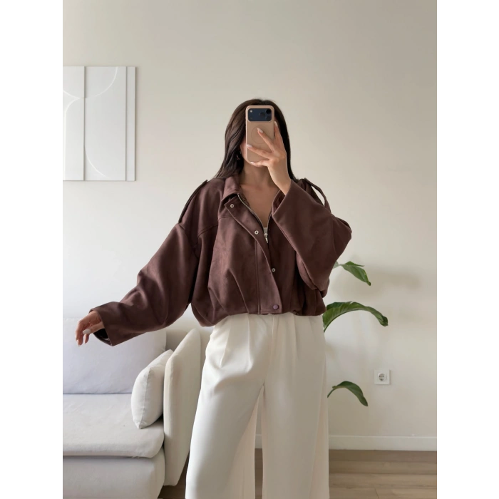 Oversize Süet Balon Ceket - KAHVE