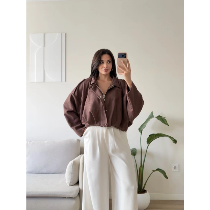 Oversize Süet Balon Ceket - KAHVE