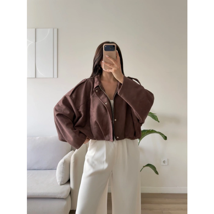 Oversize Süet Balon Ceket - KAHVE