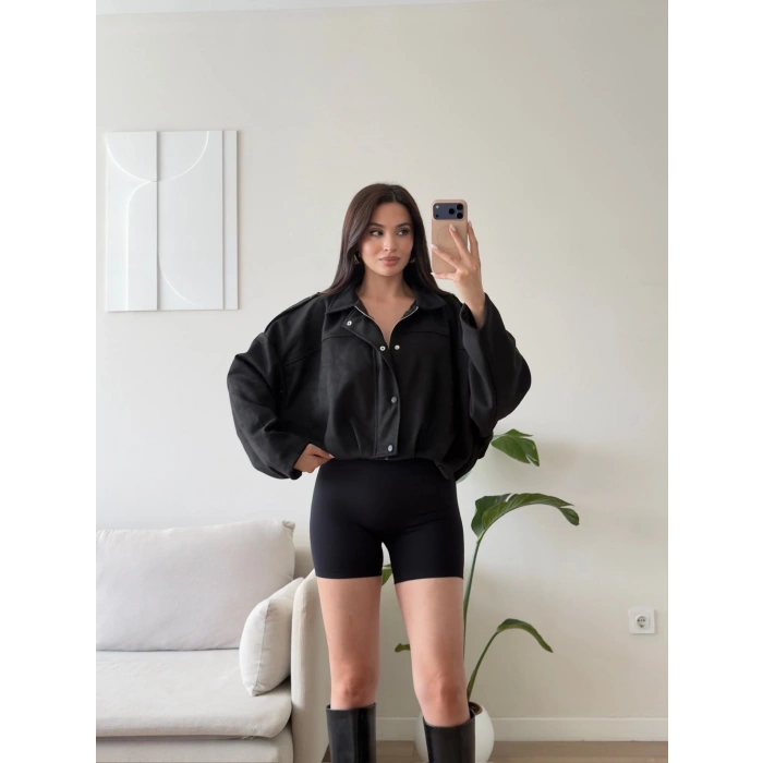 Oversize Süet Balon Ceket - SİYAH