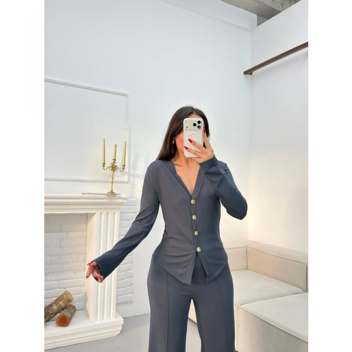 Oys Kumaş Düğmeli Takım - FÜME