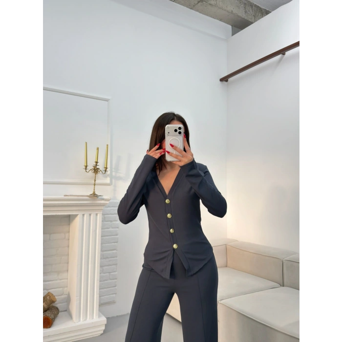 Oys Kumaş Düğmeli Takım - FÜME