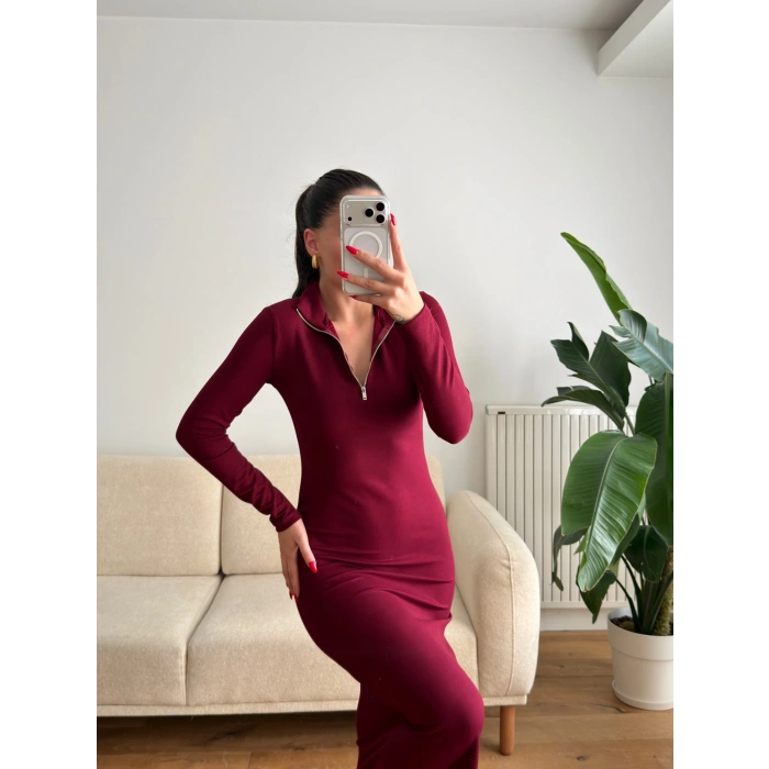 Oys Kumaş Fermuar Detay Elbise - BORDO