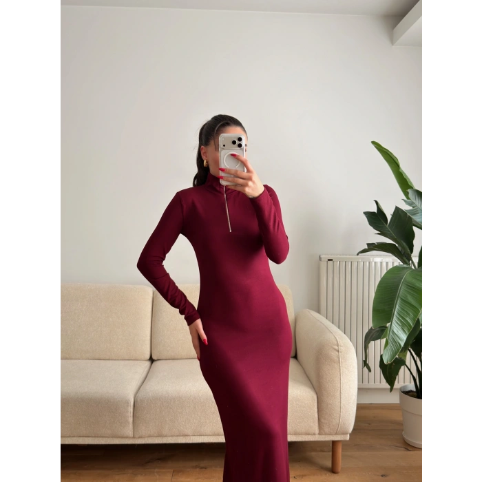 Oys Kumaş Fermuar Detay Elbise - BORDO