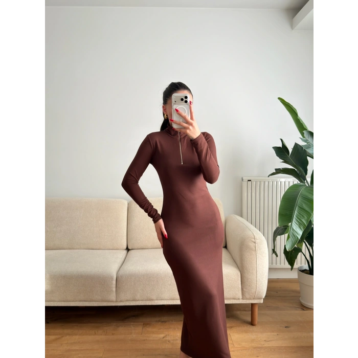 Oys Kumaş Fermuar Detay Elbise - KAHVE