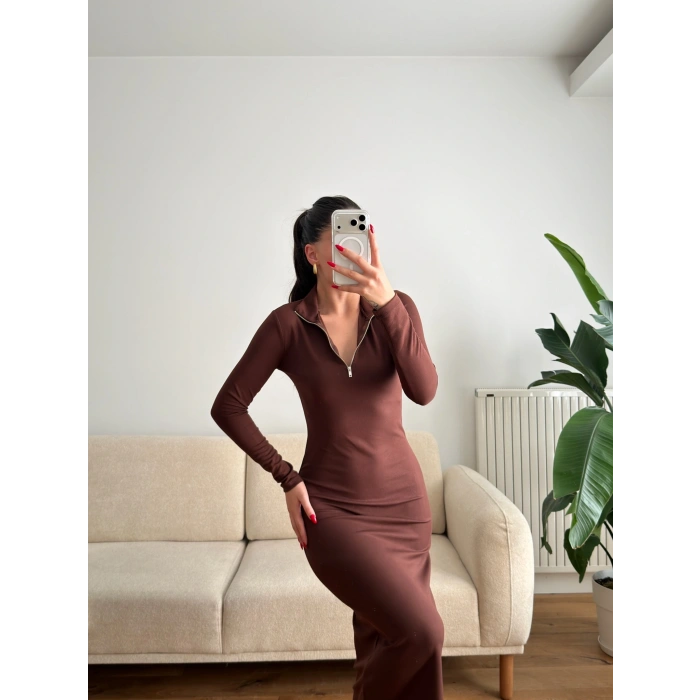 Oys Kumaş Fermuar Detay Elbise - KAHVE