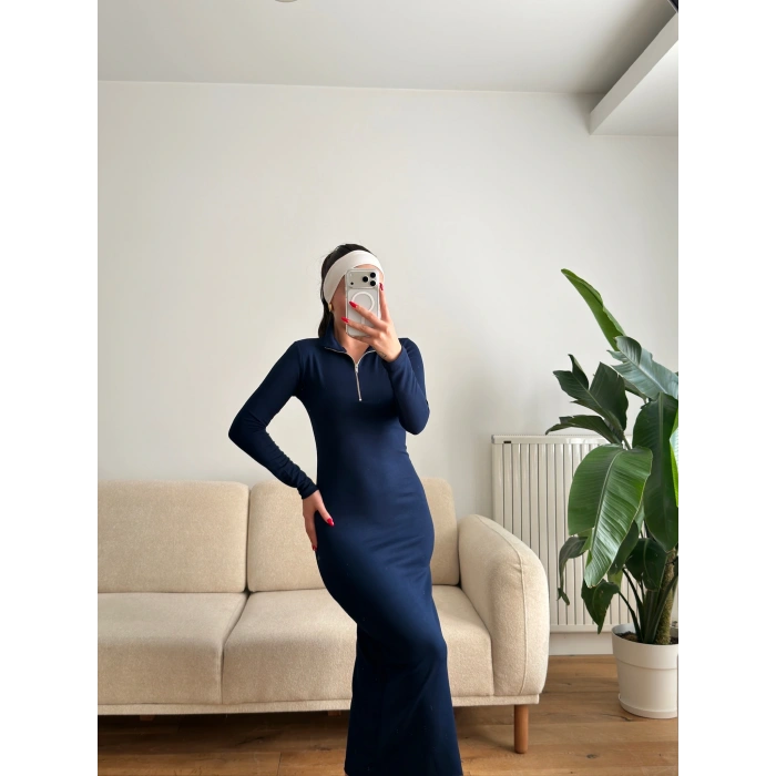 Oys Kumaş Fermuar Detay Elbise - LACİVERT