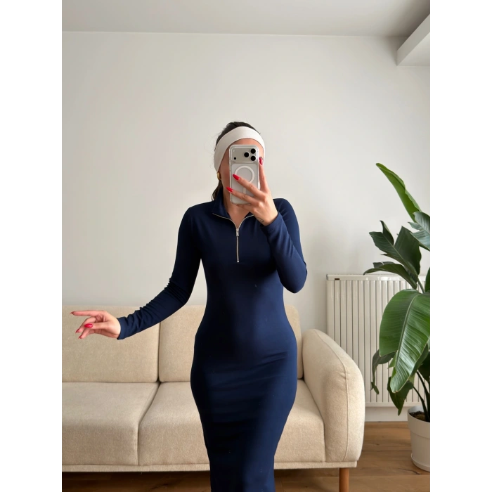 Oys Kumaş Fermuar Detay Elbise - LACİVERT